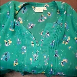 St John’s Bay Women’s Large Sheer Blouse Floral Green Blue Yellow Summer